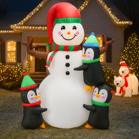 Figurine Craciun - Om de zapada gonflabil de exterior, cu pinguini si iluminare LED, 190 cm, compresor integrat, alb