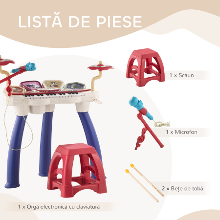  Orga Pian pentru Copii cu Set de Tobe Instrument Muzical Electronic cu Sunete Multiple Lumini Microfon Taburet pentru Fete si Baieti [5]