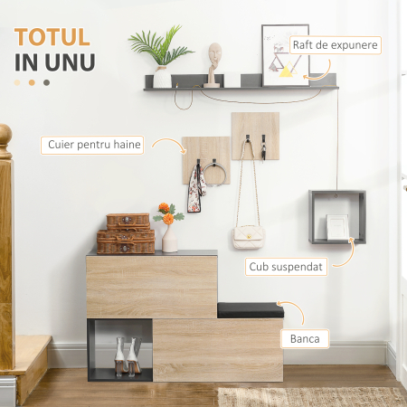  Organizator de intrare cu banca de pantofi, cuier pentru hol cu suport pentru haine si raft, gri si natural [3]