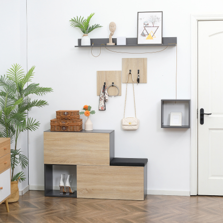  Organizator de intrare cu banca de pantofi, cuier pentru hol cu suport pentru haine si raft, gri si natural [1]