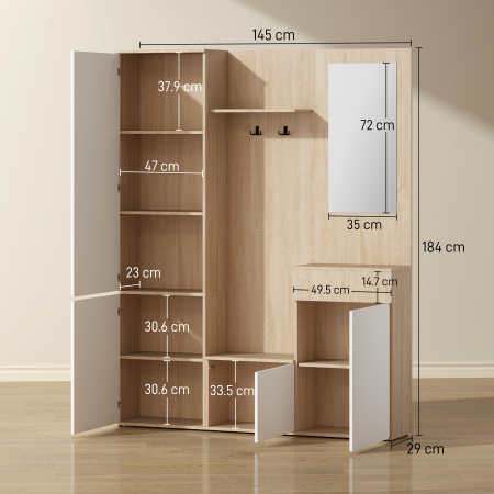  Organizator Intrare cu Oglinda, Montaj Fara Gauri si Sistem Anti-inclinare, Design Robust, 145 x 29 x 184 cm [2]