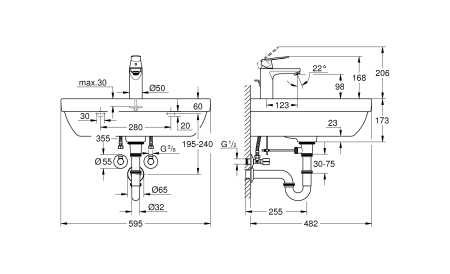 Pachet 3in1 lavoar Grohe 39642KW0, Euro Ceramic, 600 x 480 mm, pe perete, baterie Grohe neagra, sifon, evacuare, valve [2]
