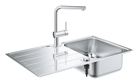 Baterii bucatarie - Pachet chiuveta Grohe 31573SD1, Minta, 860 x 500 mm, montare pe blat, baterie inalta, 3/8'', tip L, dus, crom