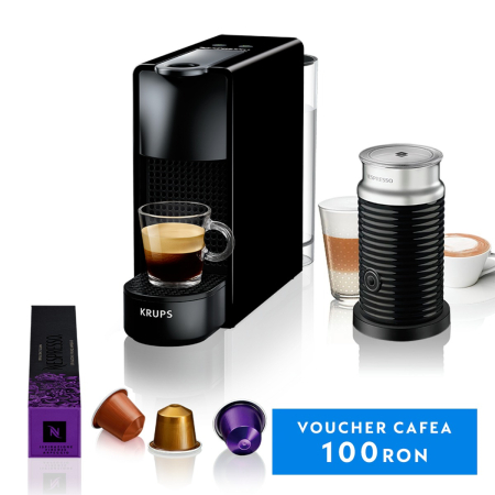 Electrocasnice - Pachet Espressor Nespresso by Krups Essenza Mini XN111810, 1450W, 19 Bar & Aparat pentru spumare lapte Aeroccino 3 Negru, 0.6L, negru