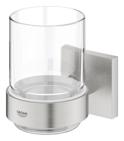 Pahar baie Grohe 41097DC0, Start Cube, pe perete, metal/sticla, mat, otel satinat [1]