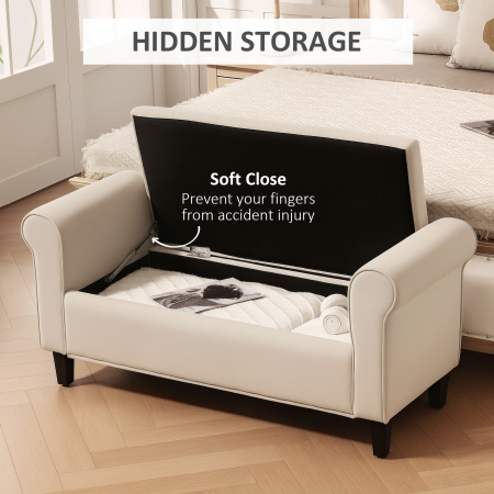  Panca Fondo Letto in Tessuto Vellutato con Spazio Portaoggetti e Braccioli, 126x48.5x57 cm, Beige [3]