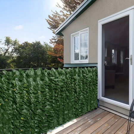 Paravan frunze artificiale pentru gard sau balcon, material PE rezistent UV, 50 cleme incluse, 100x300 cm, verde [10]