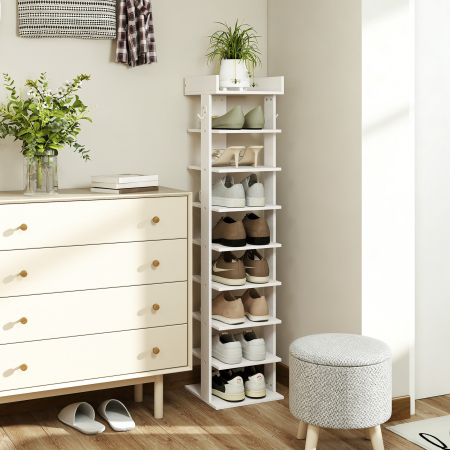  Pantofar 9 niveluri organizator din lemn pentru pantofi cu raft superior si 2 carlige, pentru hol, Alb [3]