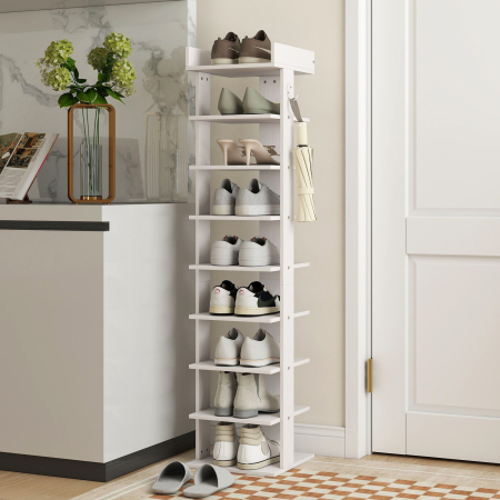  Pantofar 9 niveluri organizator din lemn pentru pantofi cu raft superior si 2 carlige, pentru hol, Alb [1]