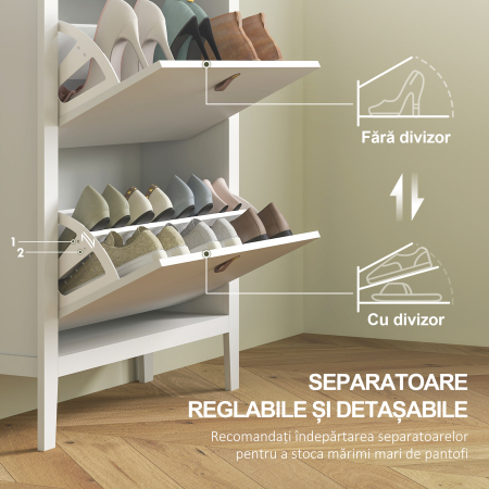  Pantofar cu 2 Sertare Rabatabile pentru 14 Perechi de Pantofi si Rafturi Reglabile, 80x24x95.5 cm, Alb [4]