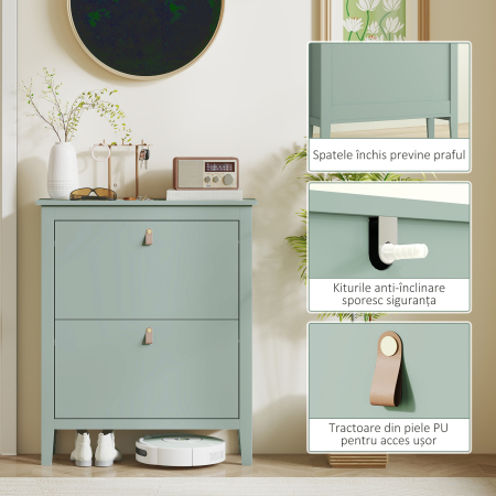  Pantofar cu 2 Sertare Rabatabile pentru 14 Perechi de Pantofi si Rafturi Reglabile, 80x24x95.5 cm, Verde [6]