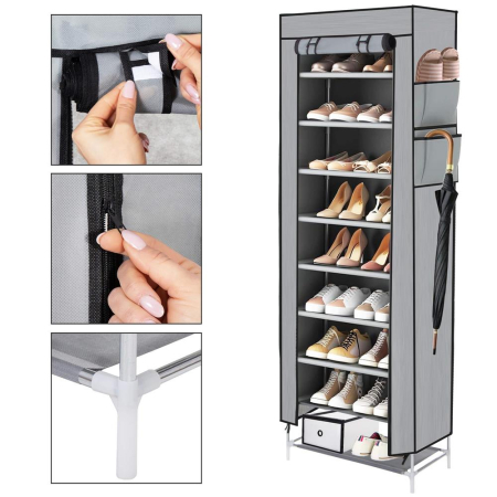 Pantofar din material textil, portabil, cu rafturi, 60x28x168cm, gri [17]