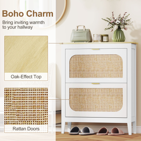  Pantofar Slim Stil Boho cu 2 Sertare Rabatabile pentru 14 Perechi de Pantofi, 80x24x95,5 cm, Alb [3]