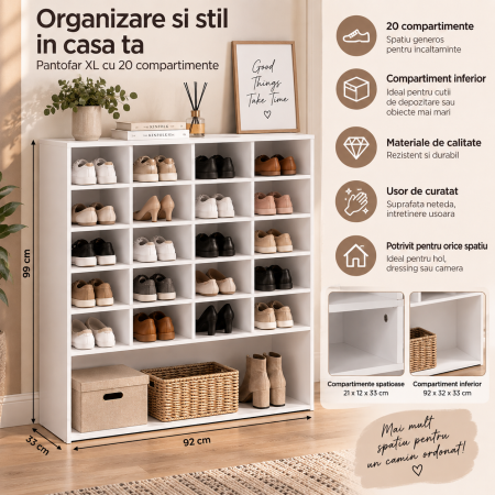 Pantofar XL cu compartimente individuale pentru organizarea a pana la 20 perechi de pantofi, compartiment inferior spatios pentru incaltaminte volumin [4]