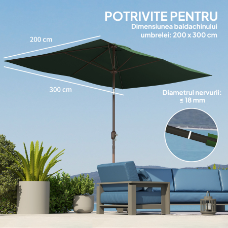  Panza de Schimb pentru Umbrela Dreptunghiulara 3x2 m cu 6 Spite, Poliester Anti-UV 50+, Verde [4]