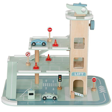 Dormitor & birou - Parcare auto din lemn 3 niveluri cu lift si heliport, 48x36x37 cm, multicolor