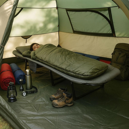 Pat camping pliabil tip sezlong, cu tetiera reglabila si buzunar lateral, maxim 120 kg, 65x200x88 cm, gri [2]