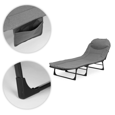 Pat camping pliabil tip sezlong, cu tetiera reglabila si buzunar lateral, maxim 120 kg, 65x200x88 cm, gri [7]