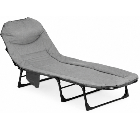 Mobilier gradina si terasa - Pat camping pliabil tip sezlong, cu tetiera reglabila si buzunar lateral, maxim 120 kg, 65x200x88 cm, gri