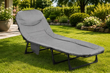 Pat camping pliabil tip sezlong, cu tetiera reglabila si buzunar lateral, maxim 120 kg, 65x200x88 cm, gri [10]