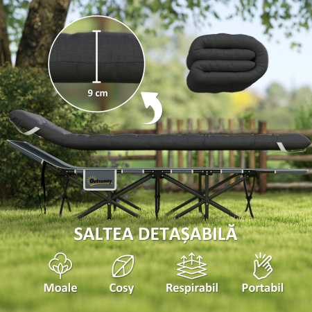 Pat de Camping Pliabil cu Suport pentru Cap inclinat si Saltea Detasabila, 196x68x37 cm, Negru [3]