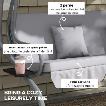  Pat de Gradina cu Copertina Reglabila si Suport pentru Pahare, Balansoar de gradina din otel si poliester, 200x120x164 cm, Gri Deschis [3]