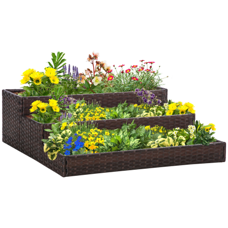 Living & hol -  Pat de gradina inaltat cu 3 niveluri din ratan sintetic fara fund pentru plante si legume, 120x120x40cm, gri