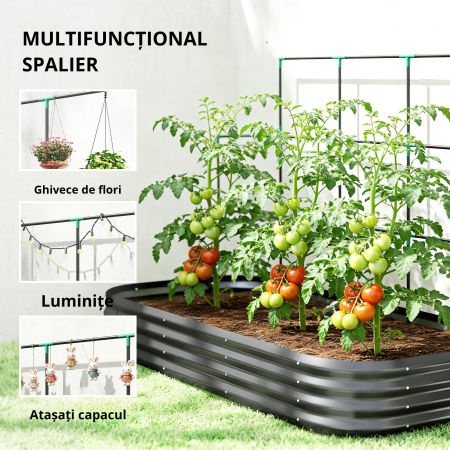  Pat de Gradina inaltat din Metal cu Grilaj, Suport pentru Plante Cataratoare, Flori si Legume, 220x110x150 cm, Gri inchis [6]