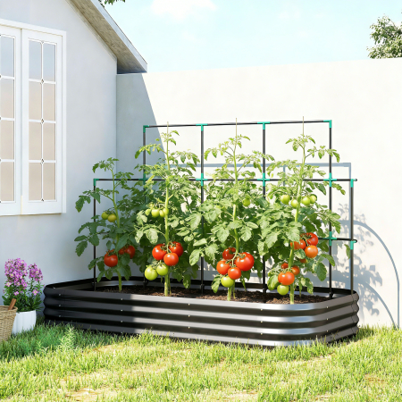 Suporturi flori si ghivece -  Pat de Gradina inaltat din Metal cu Grilaj, Suport pentru Plante Cataratoare, Flori si Legume, 220x110x150 cm, Gri inchis