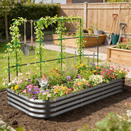  Pat de Gradina inaltat din Metal cu Grilaj, Suport pentru Plante Cataratoare, Flori si Legume, 220x110x150 cm, Gri inchis [4]