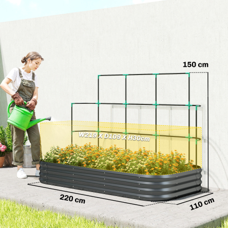  Pat de Gradina inaltat din Metal cu Grilaj, Suport pentru Plante Cataratoare, Flori si Legume, 220x110x150 cm, Gri inchis [1]