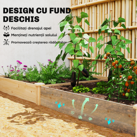  Pat de Gradina Ridicat de Exterior cu Separator Central si Baza Deschisa, Jardiniera din Lemn de Brad, pentru Flori, Legume, Balcon, Gradina, 235x121x26 cm, Culoare Lemn [4]
