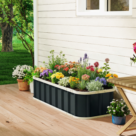  Pat de Gradina Ridicat pentru Exterior cu Baza Deschisa, Manusi, Margini Pliate, Jardiniera din Otel Galvanizat, pentru Plante, Flori, Legume, Balcon Gradina, 136x52x31 cm, Gri inchis [8]