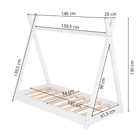 Pat din lemn pentru copii, model TeePee, somiera inclusa, 61x146x130 cm, alb [1]
