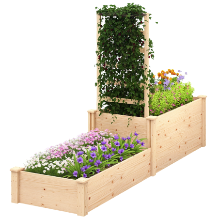 Living & hol -  Pat inaltat pentru Gradina cu Grilaj, Baza Deschisa si 2 Despartitoare, 222x63x132 cm, Lemn Natural