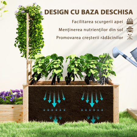  Pat inaltat pentru Gradina cu Grilaj, Baza Deschisa si 2 Despartitoare, 222x63x132 cm, Lemn Natural [5]