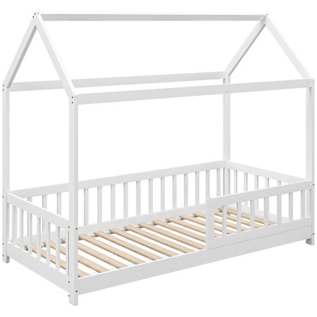 Dormitor & birou -  Pat Montessori pentru Copii in Forma de Casuta cu 15 sipci si Bariere de Protectie, 96x195x165 cm, Alb