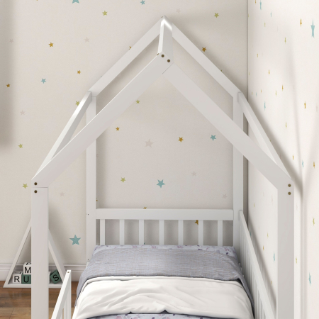  Pat Montessori pentru Copii in Forma de Casuta cu 15 sipci si Bariere de Protectie, 96x195x165 cm, Alb [8]