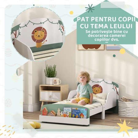  Pat pentru Copii 3-8 Ani din Lemn cu Spatiu de Depozitare si Bariere Laterale, 150x77x60 cm, Verde [4]