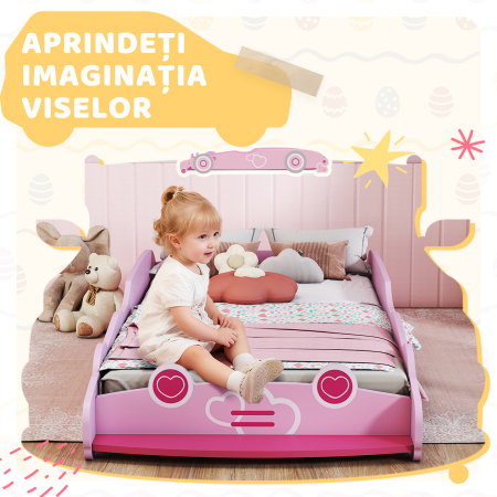  Pat pentru Copii de 3-5 Ani in Forma de Masina cu Margini Ridicate de Siguranta, 140x70 cm, Roz [3]
