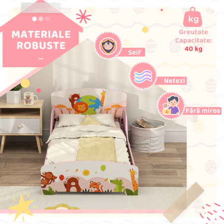  Pat pentru copii de la 3+ ani din lemn, cu margini ridicate si balustrade de siguranta, 143x77x60 cm, roz [4]