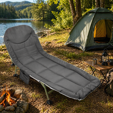 Pat pliabil camping cu saltea, reglabil 5 pozitii, cadru otel, maxim 100 kg, 200x64x30 cm, gri [6]