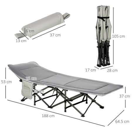  Pat Pliabil pentru Camping cu Buzunare de Depozitare si Geanta de Transport, Pat pentru Camping, 188x64.5x53 cm, Gri [2]