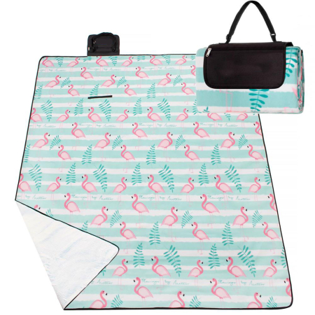 Corturi & articole camping - Patura pentru picnic sau plaja, cu folie izolatoare si maner, 200x200cm, flamingo, verde roz