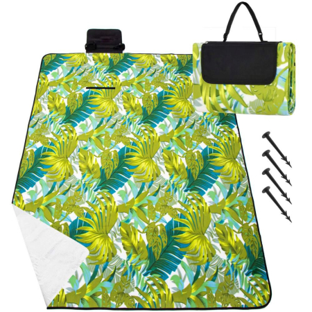 Patura pentru picnic sau plaja, cu folie izolatoare si maner, 150x200cm, model frunze, verde [13]
