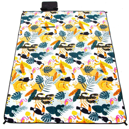 Patura pentru picnic sau plaja, cu folie izolatoare si maner, 150x200cm, model tropical, alb verde [5]