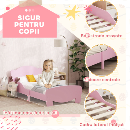  Patut pentru Copii cu Tablie si Capat in Forma de Ursulet si 2 Bare Laterale, Roz [3]