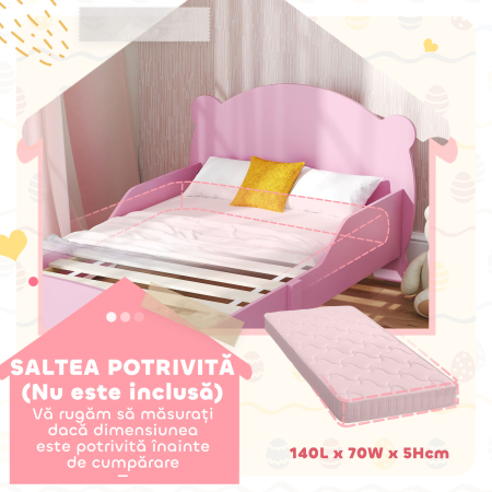  Patut pentru Copii cu Tablie si Capat in Forma de Ursulet si 2 Bare Laterale, Roz [6]