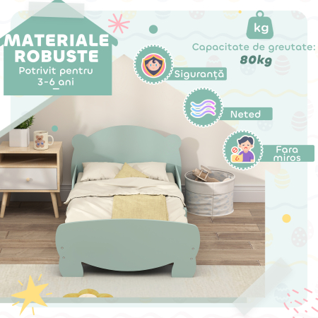  Patut pentru Copii cu Tablie si Suport in Forma de Ursulet si 2 Bare Laterale, Verde [4]