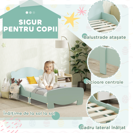  Patut pentru Copii cu Tablie si Suport in Forma de Ursulet si 2 Bare Laterale, Verde [3]